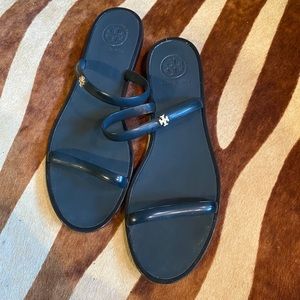 Tory Burch double strap rubber sandal navy with gold logo flip flop